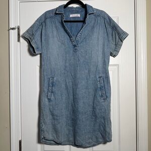 Billy T Denim Short Sleeve Collared Mini Summer Spring Shift Dress W/ Pockets